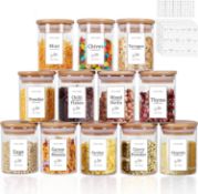 RRP £27.99 Yibaodan Glass Jars Set 330ml with 180 White Labels, 12 Set Spice Jars with Bamboo Lids