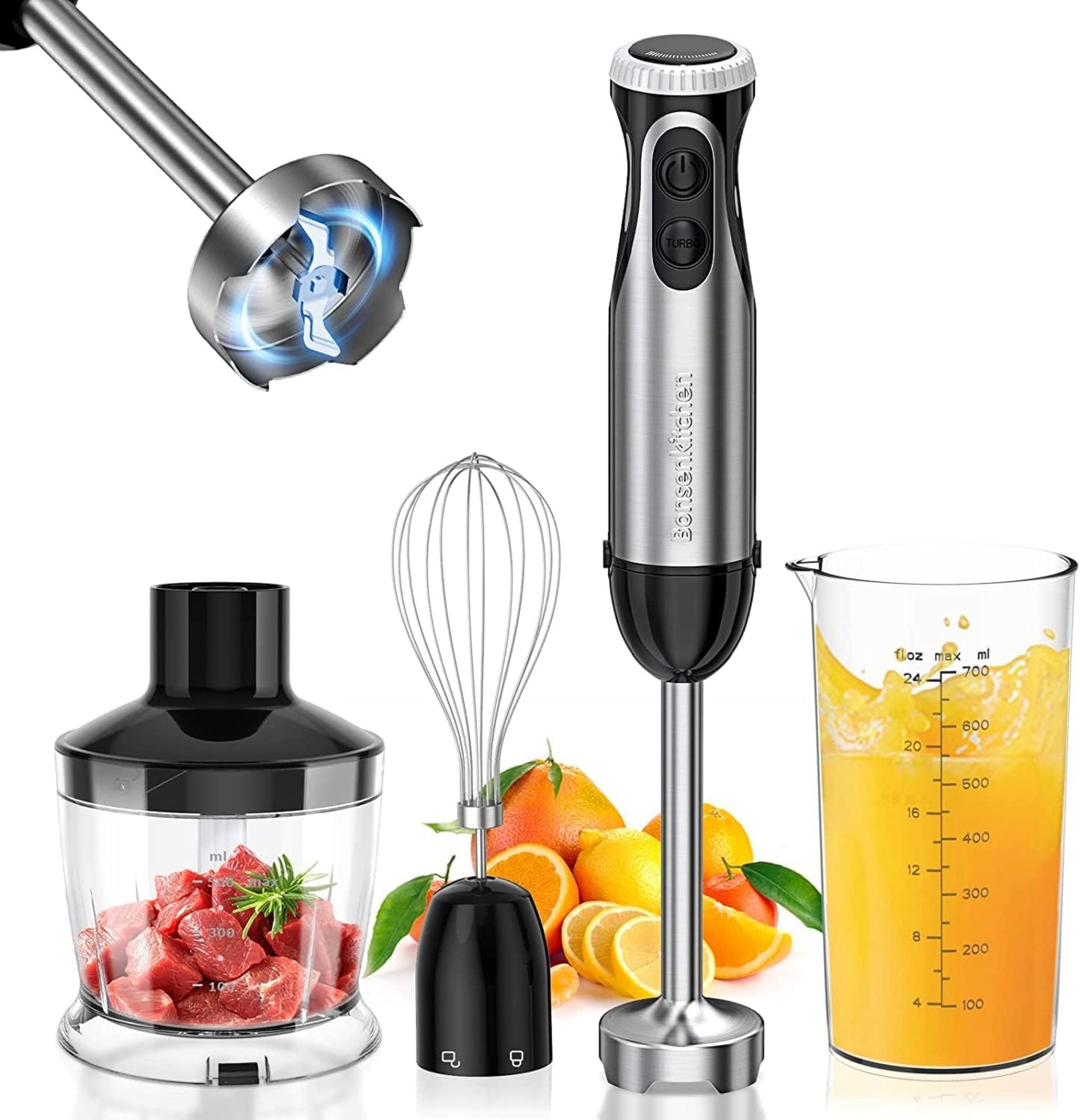 RRP £29.99 Bonsenkitchen Stainless Steel Hand Blender, 4-in-1 Stick Blender 1000W, 20 Speed