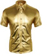 RRP £48 Set of 2 x Cusfull Men's Metallic Silver Gold Shirt Nightclub Style Short Sleeves, Medium