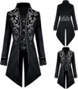 RRP £70, Set of 2 x TTOKGZG Steampunk Vintage Tailcoat Coat Men, Medieval Gothic Velvet Embroidery