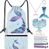 RRP £140, Set of 10 x Mermaid Drawstring Pack-Sequins Mermaid Gift Set for Girls