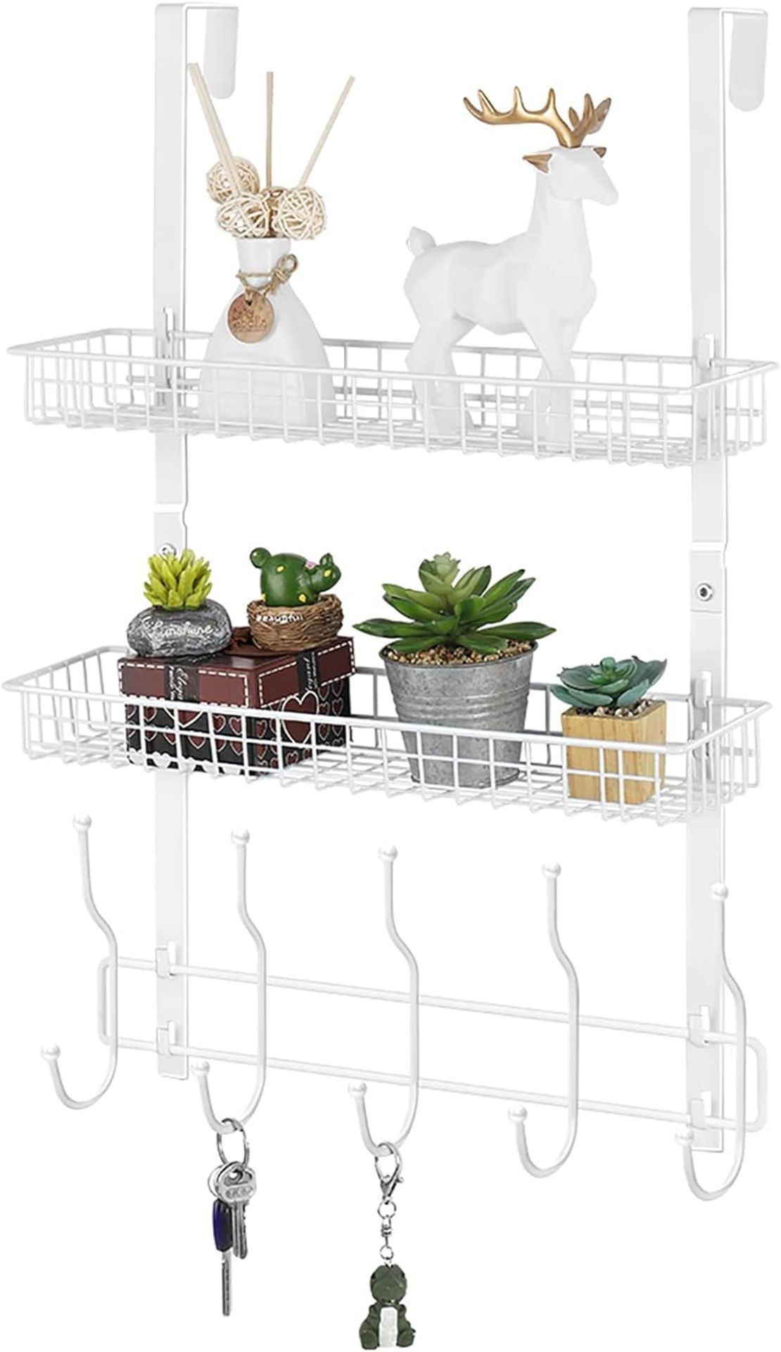 RRP £36 Set of 2 x UOMIO Over The Door Storage Racks with 2 Wire Baskets and 5 Coat Hooks No