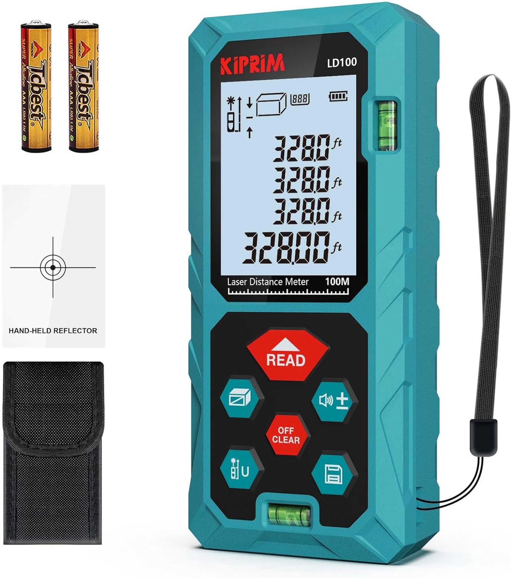 RRP £33.99 Laser Distance Measure 100m/328ft with 2 Bubble Levels,M/In/Ft Unit switching Backlit