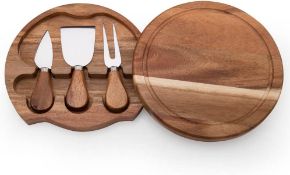 RRP £19.99 SAMFUNG Round Slide-Out Acacia Wood Cheese Board and 3 Piece Cheese Tool Set, 7.5 inch
