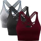 RRP £28.99 ANGOOL 3-Pack Padded Sports Bra Wirefree Mid Impact Yoga Bras Unique Cross Back Strappy