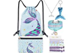 RRP £140, Set of 10 x Mermaid Drawstring Pack-Sequins Mermaid Gift Set for Girls
