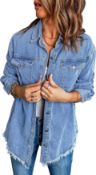 RRP £70 Set of 2 x luvamia Denim Jacket for Women Button Up Frayed Hem Shacket Long Sleeve Pockets