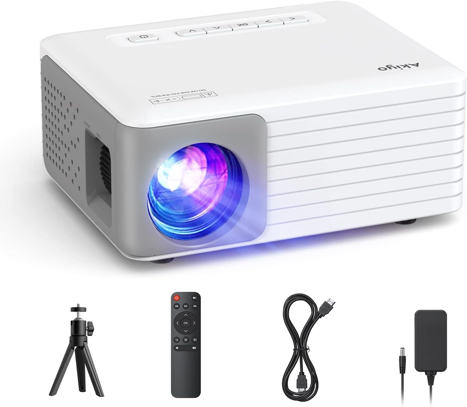 RRP £55.99 Mini Projector, AKIYO 1080P Supported Portable Projector with Tripod, 65000 Hours