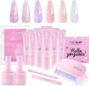 Set of 10 x TOBEGLAM Poly Nail Gel Kit with Nail Lamp, 15ml x 6 Colors Purple Nude Pink Nail Builder