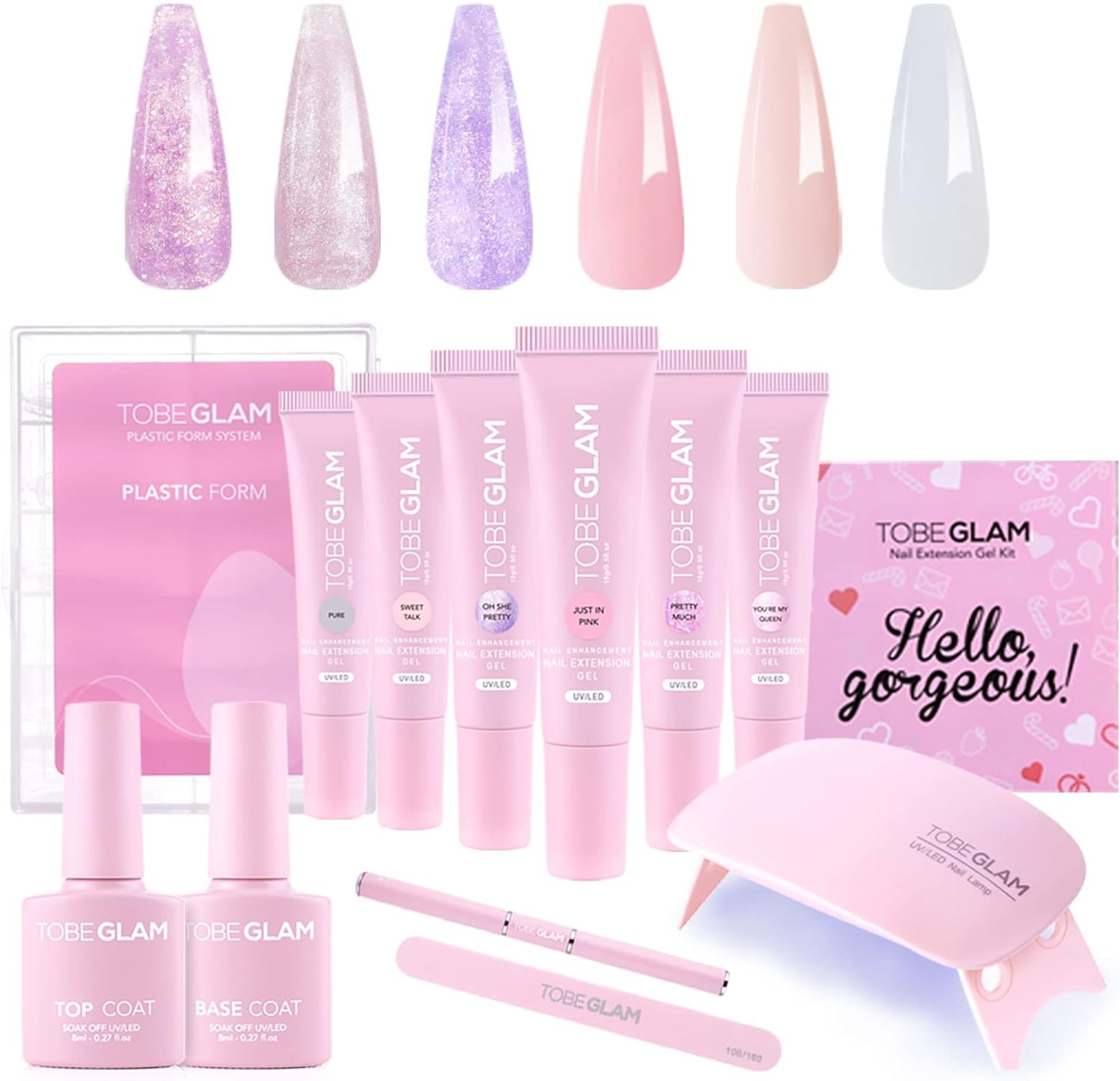 RRP £240 Set of 15 x TOBEGLAM Poly Nail Gel Kit with Nail Lamp, 15ml x 6 Colors Purple Nude Pink