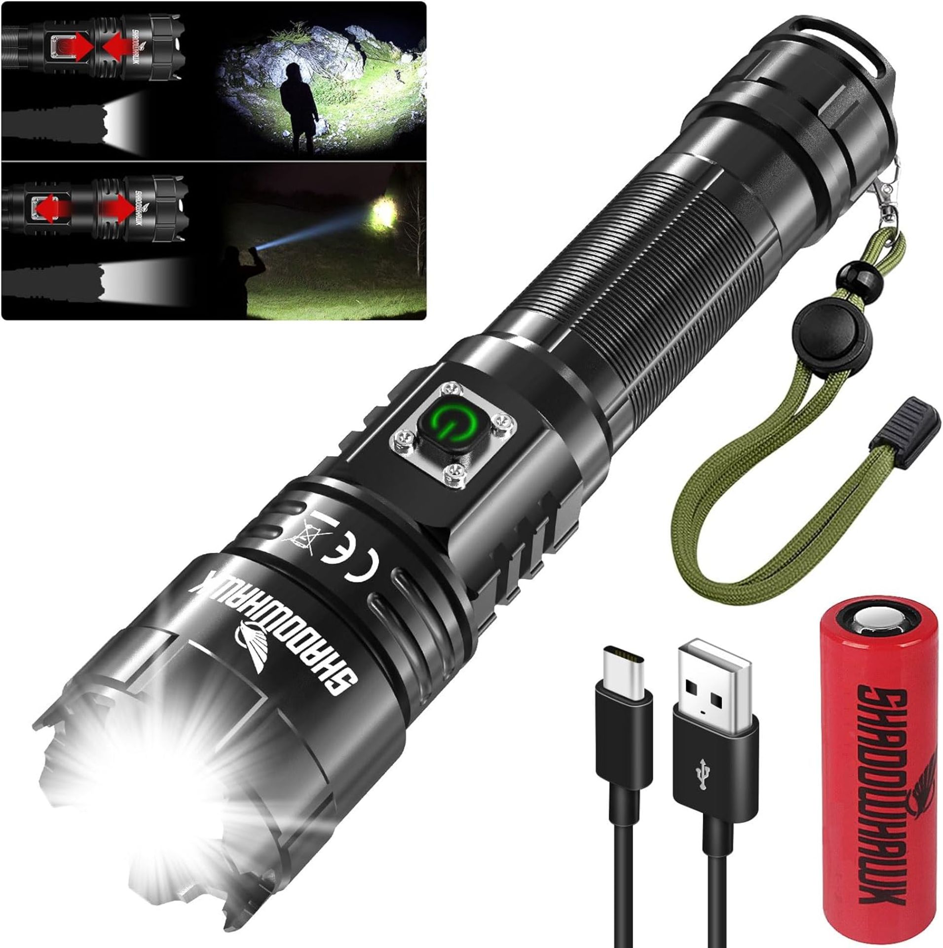 RRP £34.99 Shadowhawk Torch LED Super Bright Rechargeable, Flashlight 30000 Lumens Torch Battery