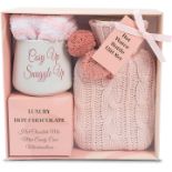 Hot Chocolate Gift Set with Mug | Small Hot Water Bottle with Cover | Fluffy Socks | Cosy Pink