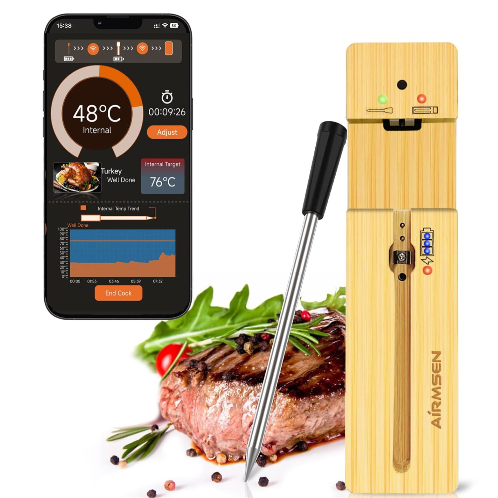 RRP £44.99 AIRMSEN Wireless Meat Thermometer, [150m Range] Bluetooth Meat Thermometer Wireless,