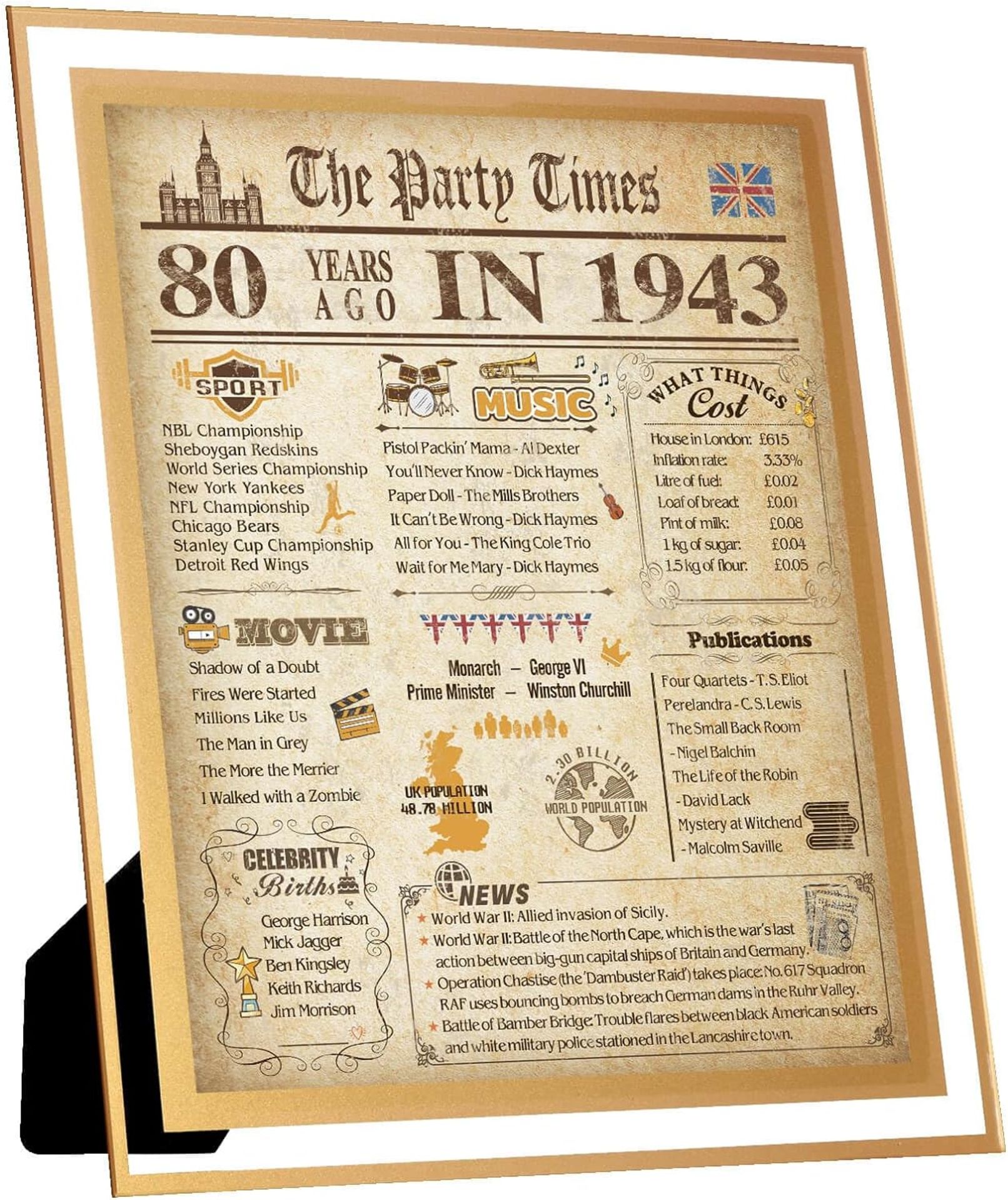 RRP £100 Set of 10 x FALAMON Framed 1943 Birthday Poster UK, 80th Birthday Decorations for Women