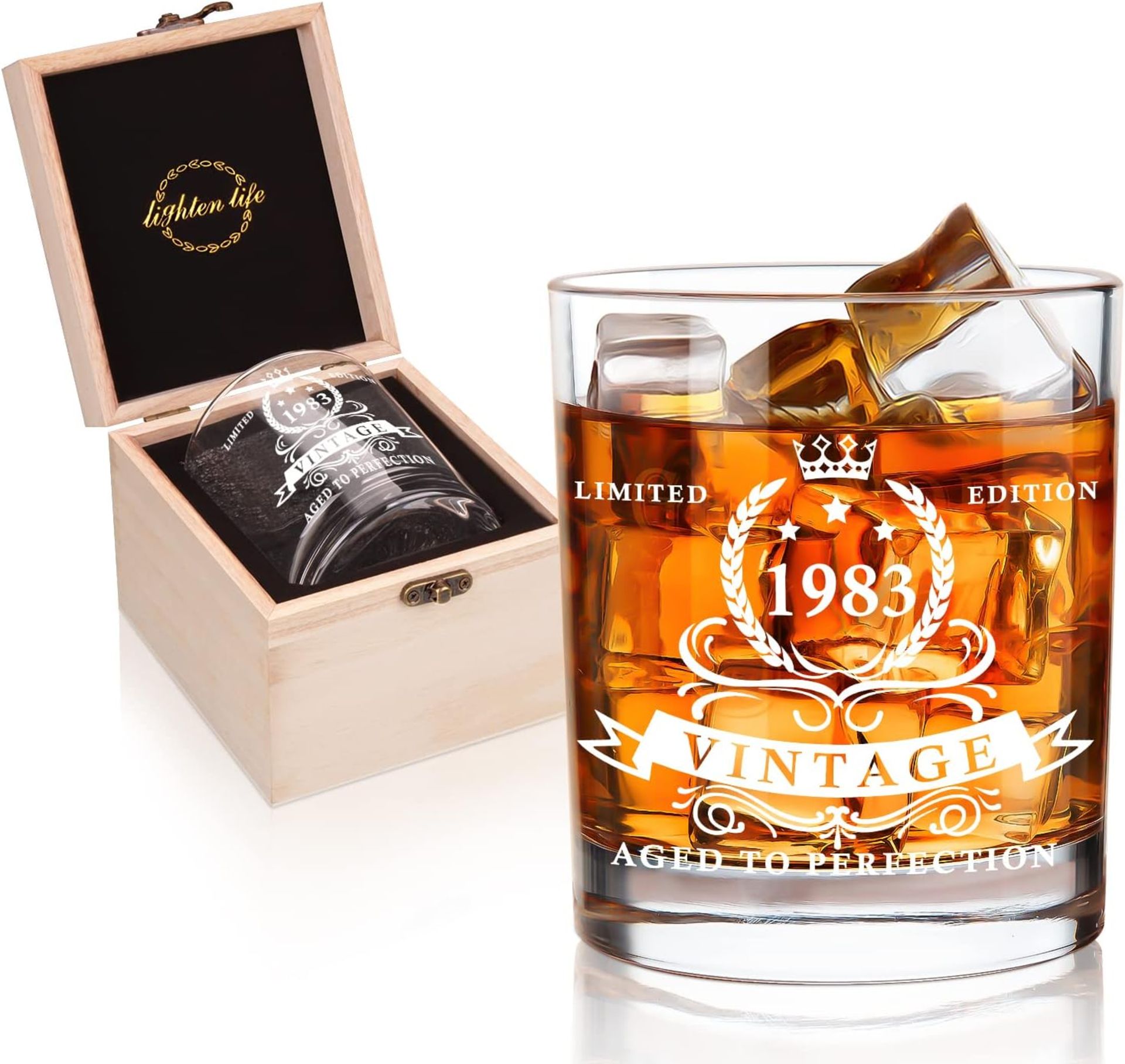 RRP £50 Set of 6 x LIGHTEN LIFE Birthday Gifts 360ml,1983 Glass in Valued Wooden Box Glass
