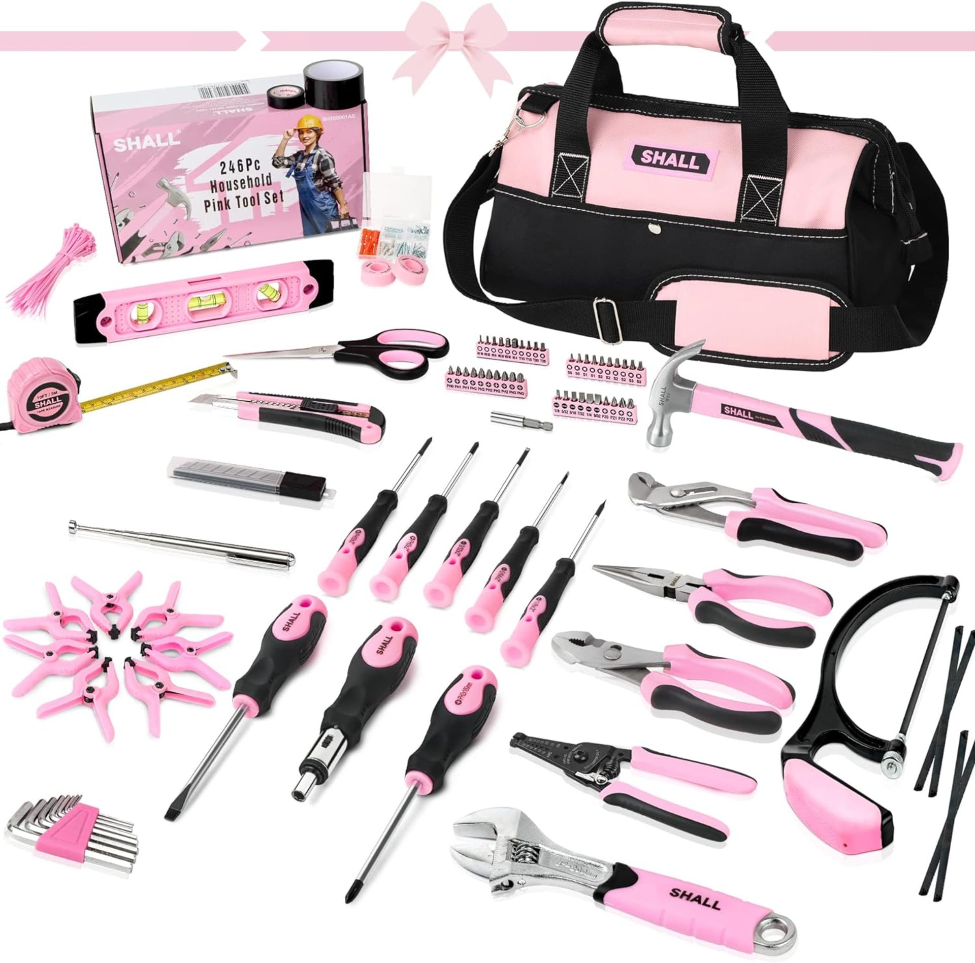 SHALL Pink Tool Set, Home Tool Kit for Women, Ladies Basic Tool kit for House with 14”Wide Mouth