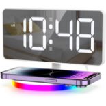 ORIA Digital Alarm Clock, 7.4" LED Mirror Clock with Wireless Charging, 10 Modes RGB Night Light,