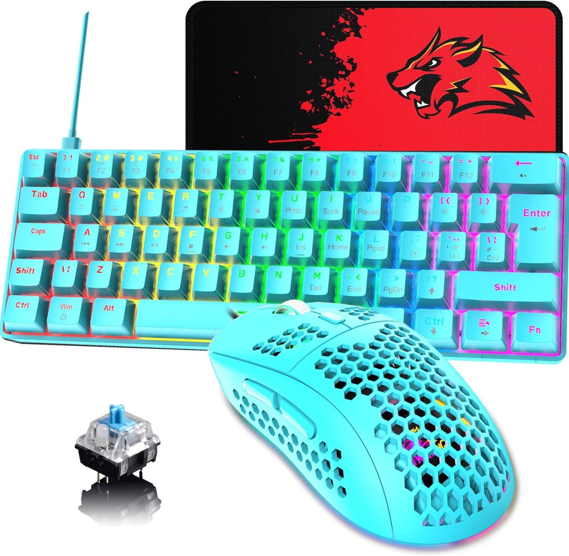 RRP £45.99 60% UK Layout Wired Gaming Keyboard and Mouse 62Keys Mini Compact Mechanical 19 Rainbow
