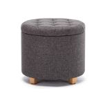 RRP £59.99 HNNHOME 45cm Round Linen Padded Seat Ottoman Storage Stool Box, Footstool Pouffes Chair