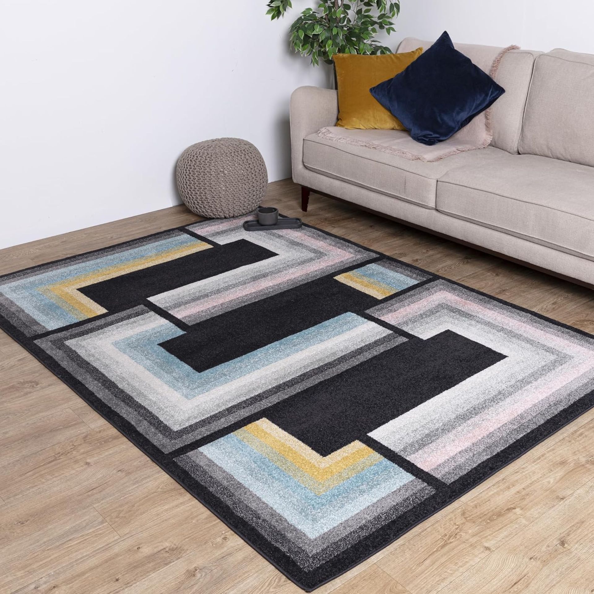 RRP £77.99 Asiatic Edits Low Pile Geometric Charcoal Multi Indoor Rug for Living room, Large Area,