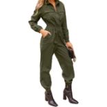 RRP £37.99 CUPSHE Women's Maxi Jumpsuit V Neck Long Sleeve Olive Collared Pleated Smocked Waist