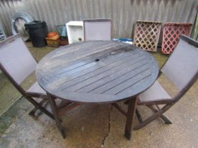 Hardwood gate leg garden table and 4 chairs  one chair needs a small repair