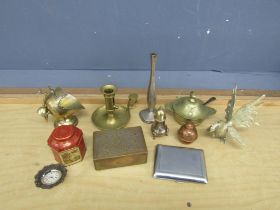 Mixed wetalware to include fighting cock, brass candlestick, tobacco tin and cigarette case etc