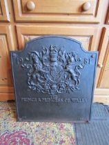 Cast iron Prince and Princess of Wales 1981 Royal wedding commemorative fire back with coat of