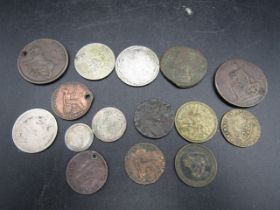 About 15 various coins most Brirish mix, copper and silver inc a penny sized coin 1758 over