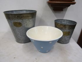 Laura Ashley polka dot planter and 2 Galvanised platers