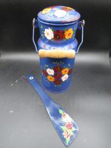 Barge ware painted enamel billy can and wooden spatula 28cmH