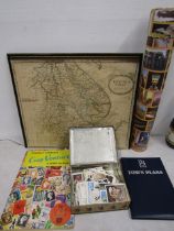 Stamp book, cigarette cards, Egyptian papyrus grass painting, Lincolnshire map and a booklet