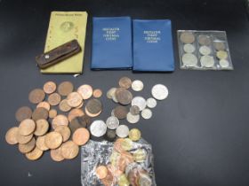 Decimal coin packs, various mixed copper, pocket guide book and coin holder pouch