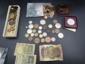 Festival of Britain coin, Falklands coin made into necklace, foreign notes and coinage and British