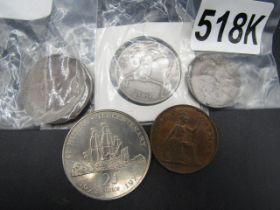 Various coinage 1942 Eire 2/6, ERII St Helen 25p, Vic 1x1/2d 1858, 1 x 1d 1858