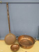 Large copper pan, bed warmer and bowl