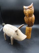 Treen pig and carved owl (approx 30cmH)