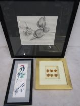 Japanese watercolour, Diana Stickley pencil drawing, box framed petals signed,