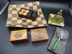Collectors lot- draughts set with paper board (prisoner of war? along with a ring that was found