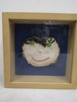 Karen ? RA 2011  box framed pottery face signed on verso 25x25cm approx