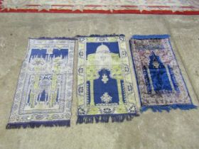3 Muslim prayer mats, one silk . Largest 60cm x 120cm approx