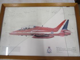Red Arrows RAF Scampton squadron print, signed by squad.  broken glass in frame 46x31cm