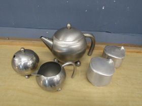 Mid century stainless steel teapot, milk jug and sugar pots to include Newmaid tableware