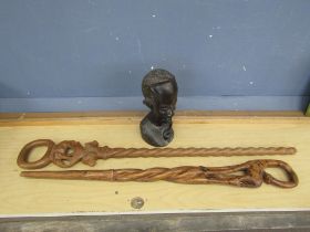 Tribal bust and 2 carved walking sticks