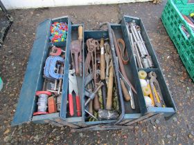 Metal toolbox with tools to include G-Clamps and hammers etc