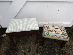 Upholstered piano stool and footstool with tapestry top depicting ducks