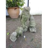 4 concrete garden figures- owl, gnome, dog and cat