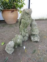 4 concrete garden figures- owl, gnome, dog and cat