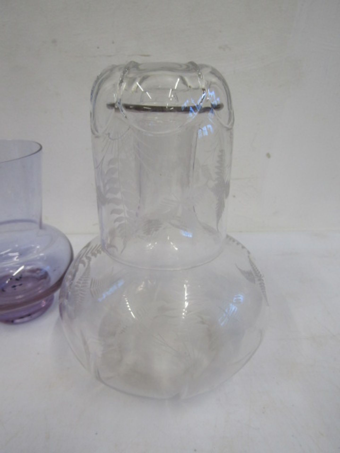 etched water decanter with glass and 2 candle votives - Image 5 of 5