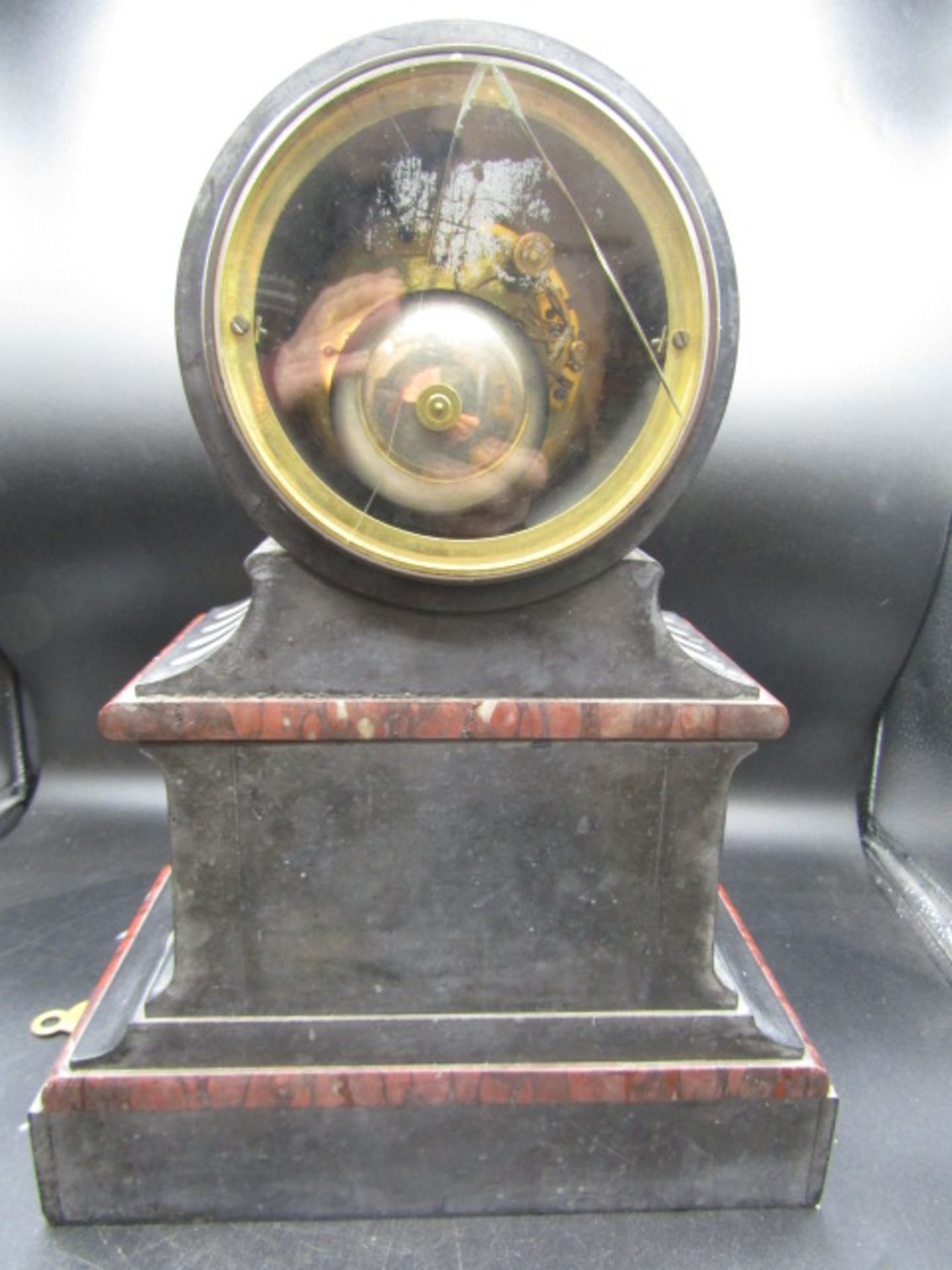 A French Victorian slate clock with pendulum and key- working but not striking - Image 6 of 7